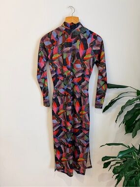 Vintage upper wrap Abstract Print Long Sleeve Midi Dress